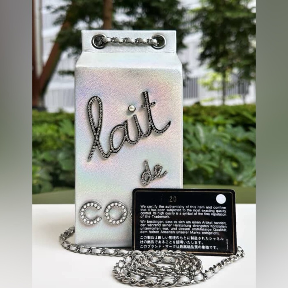 CHANEL Unicorn Silver Milk Carton Shoulder Bag Evening Pearl Crystal Clutch